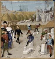 Dagobert visitant le chantier de la construction de Saint-Denis, Grandes Chroniques de France, XVe